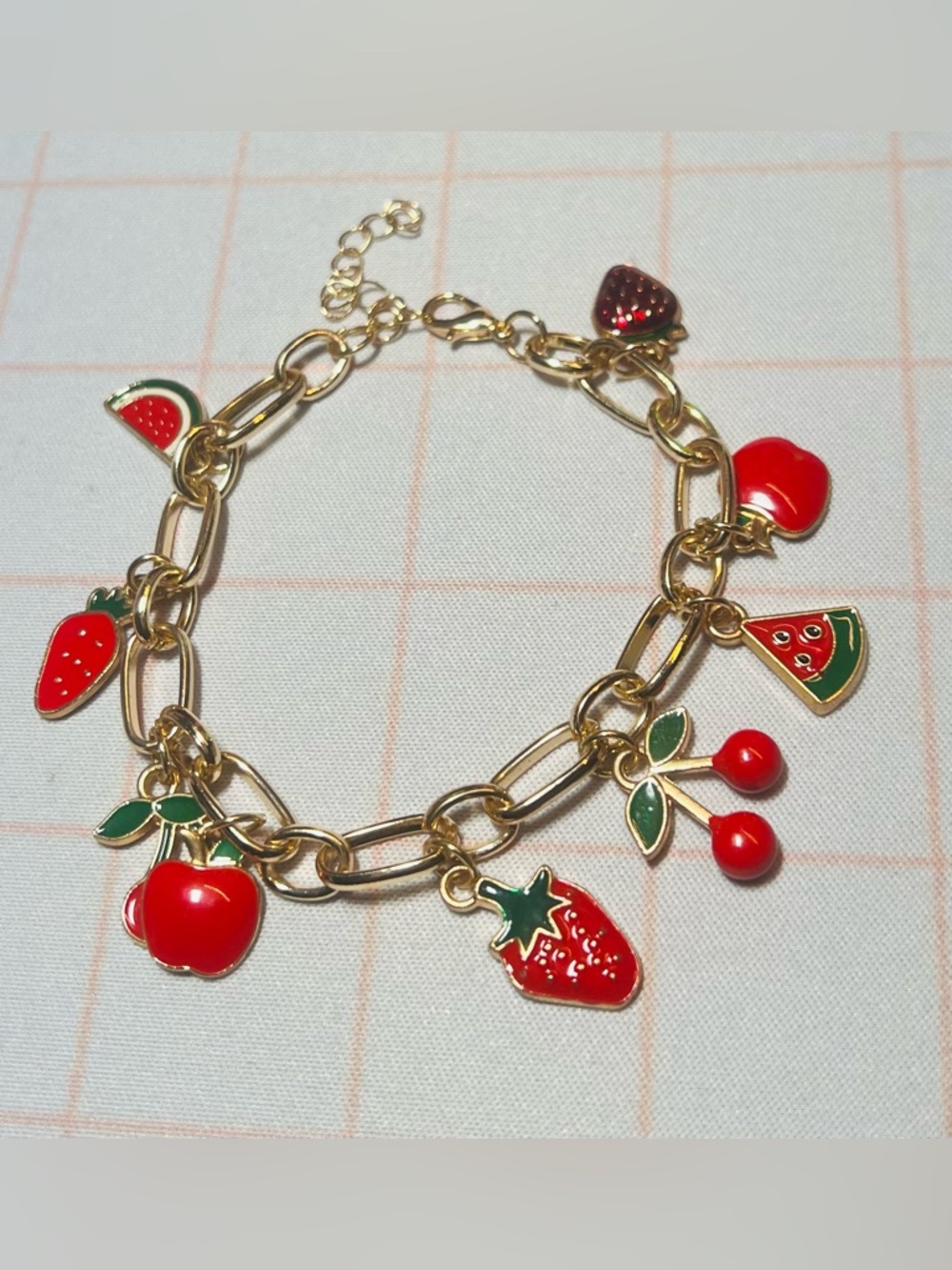 Gold Charm Bracelet with Red Fruit Charms